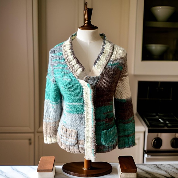 Anthropologie SHAE Teal, Gray & White Cardigan Sweater | Size M - Picture 2 of 9
